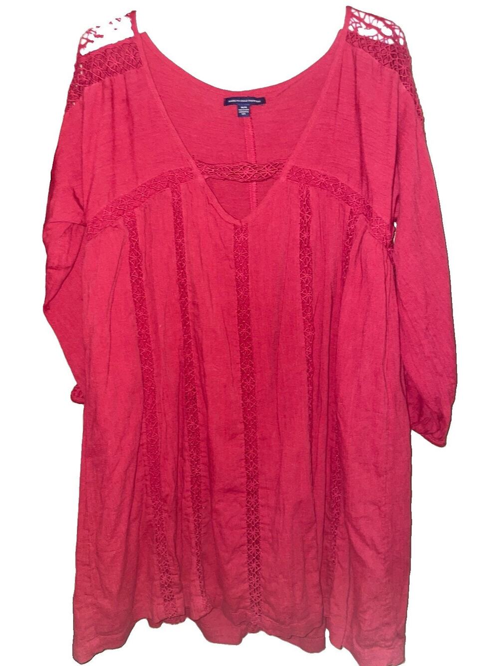 American Eagle Outfitters Red Peasant Babydoll Dress Crochet Lace Trim Medium